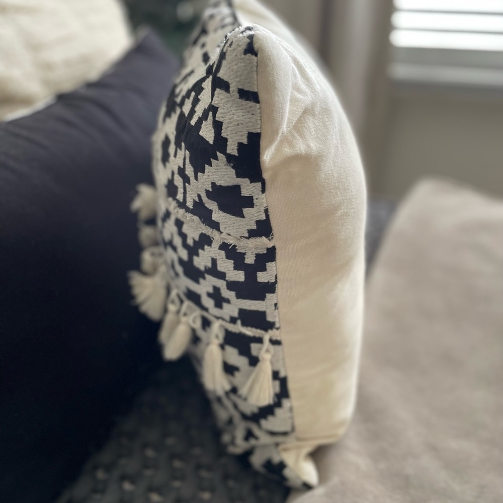 Spectre Black & Cream Bohemian Tassel Poly Fill Throw Pillow (20" x 20") - Picture 6 of 6